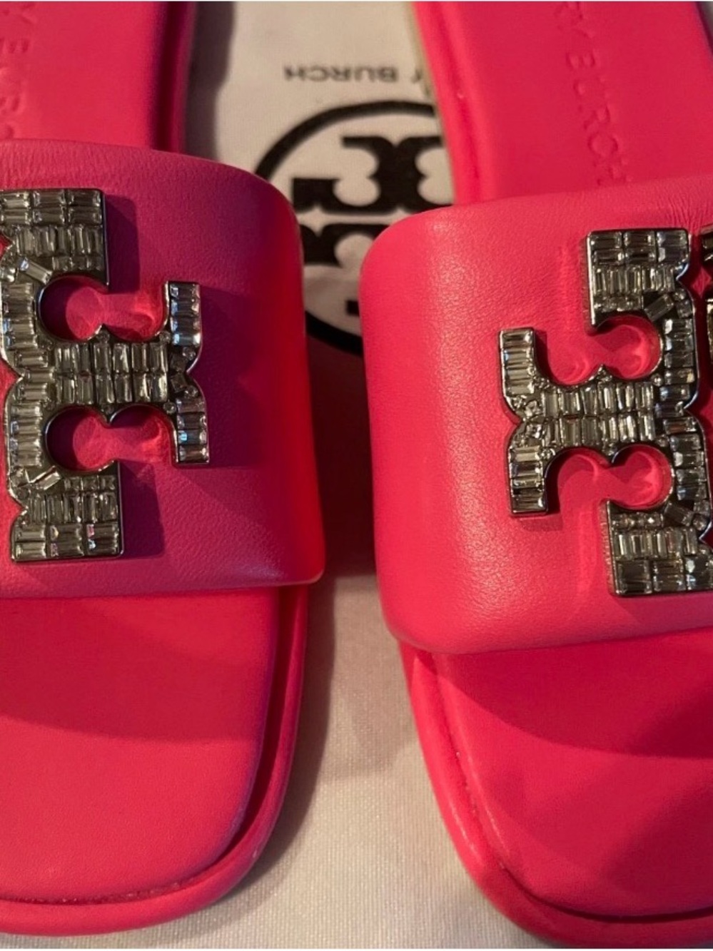 Tory Burch Neon Pink Crystal-Embellished Logo Slide Sandals text 5045474637. - Picture 3 of 7